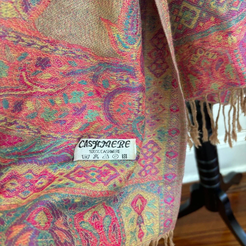 100% Cashmere Reversible Paisley Print Scarf Shawl Wrap Fringe Festival Boho